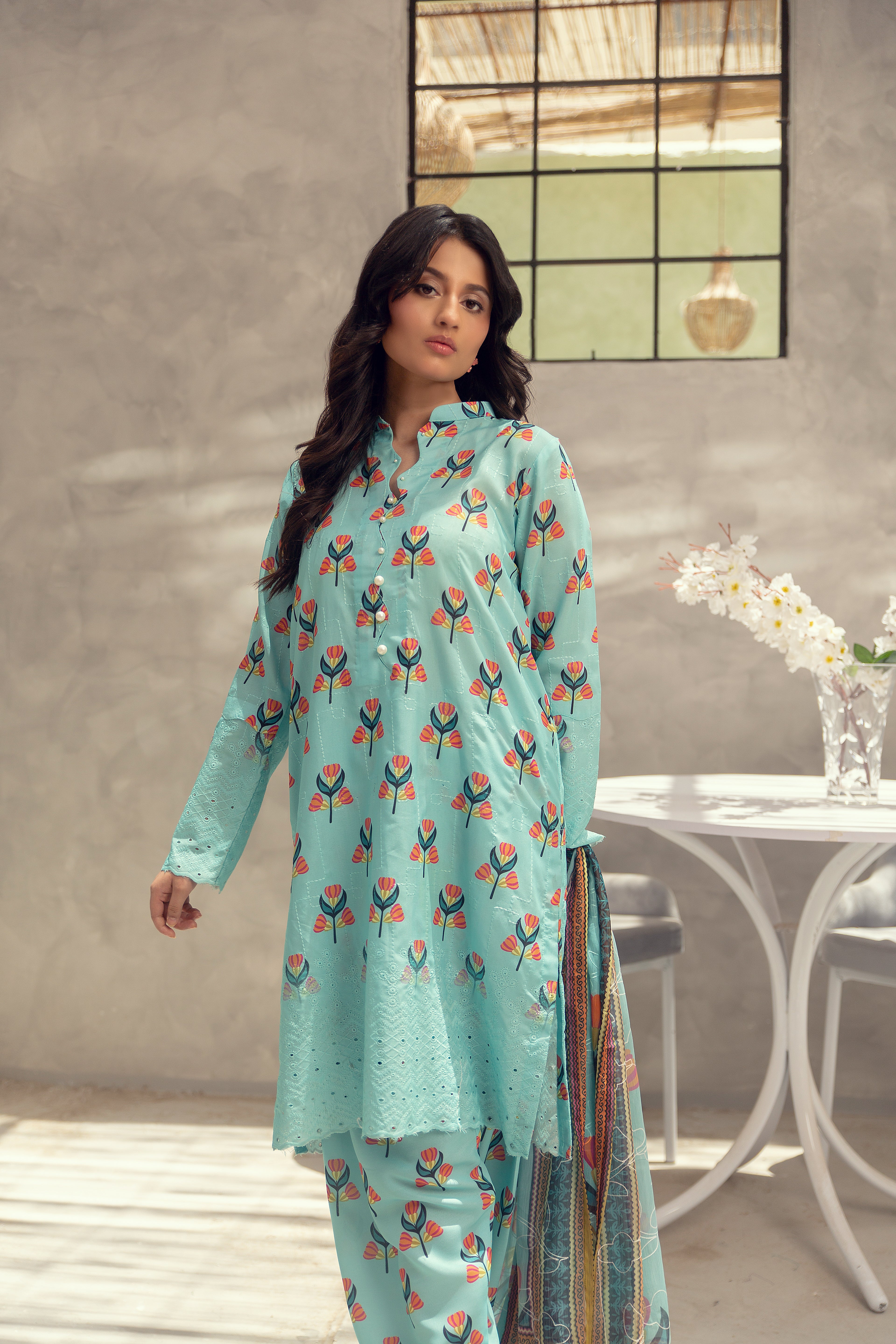 Aqua Floral Embroidered - 3 Piece Suit